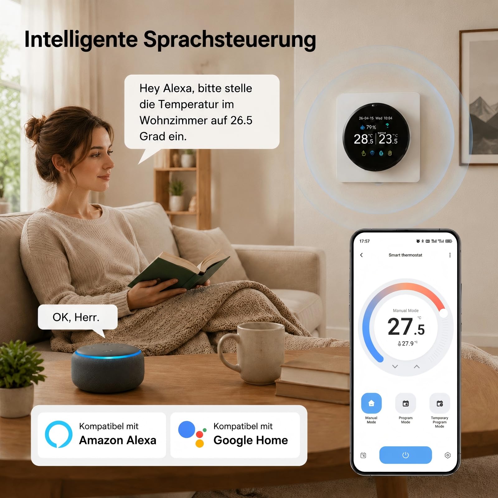 Raumthermostat Elektrische Fußbodenheizung Drehregler mit externer Sensor | Programmierbar Digital Thermostat Fussbodenheizung Unterputz WLAN Smart,für Alexa Google Home Assistant Tuya Smart Life,16A