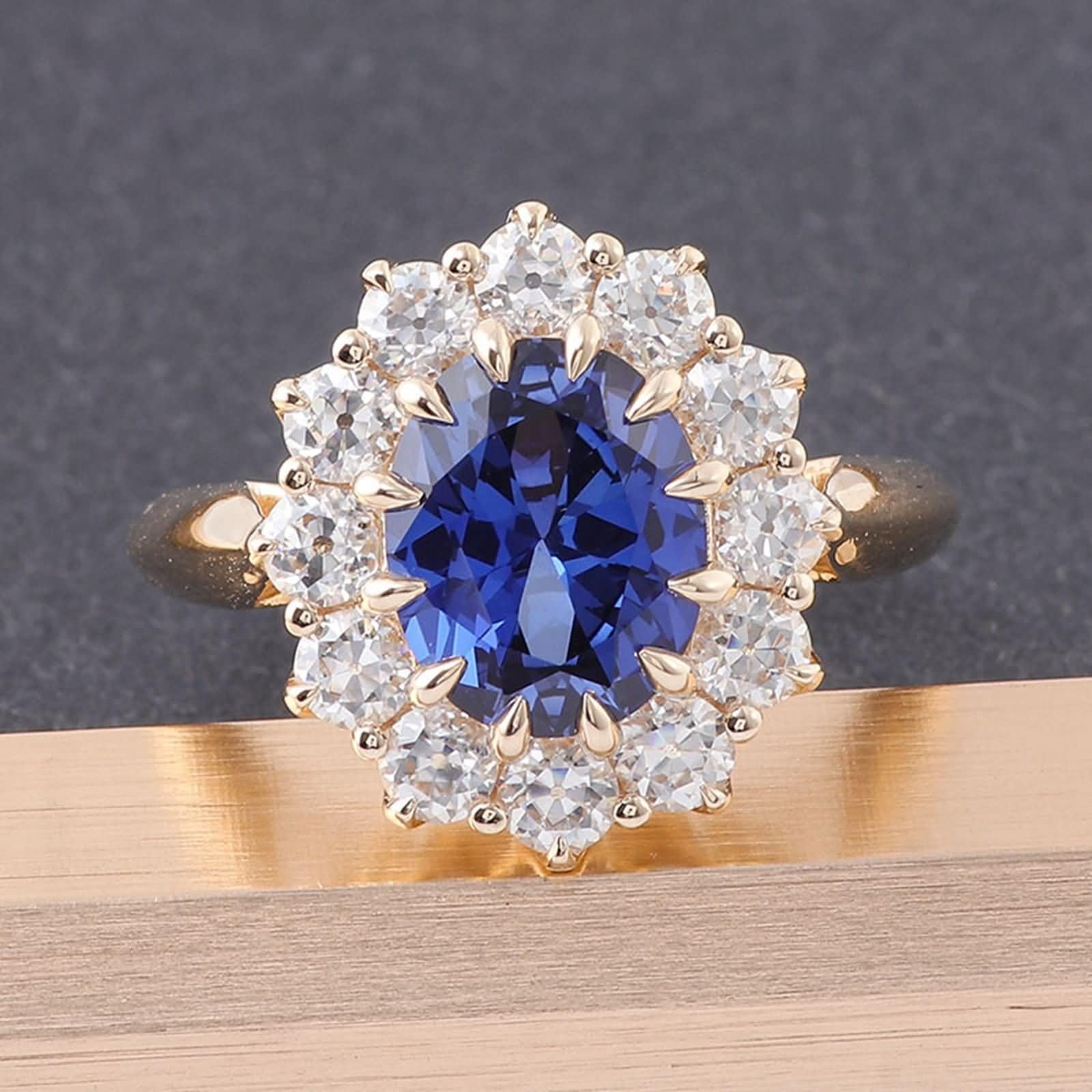 Wycian Anello Promise For Her, Anello Zaffiro Oro Giallo 9 carati Zaffiro Creato 1Ct Taglio Ovale Blu Personalizzato Per Compleanno