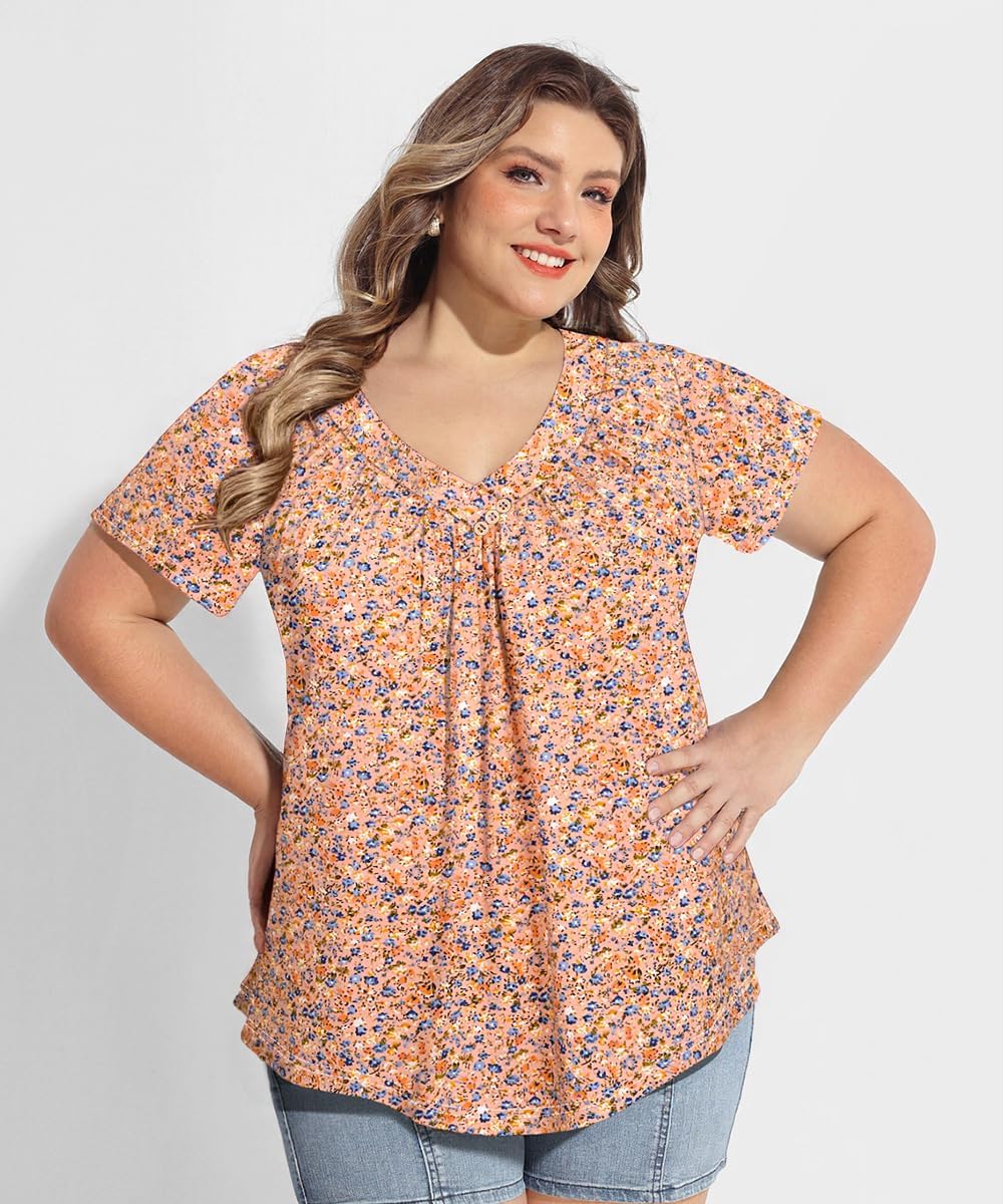 CARCOS Plus Size Tops for Women Short Sleeve Summer Shirts Casual V Neck Tunic Loose Fit Tshirts Soft Blouse XL-5XL - Image 3