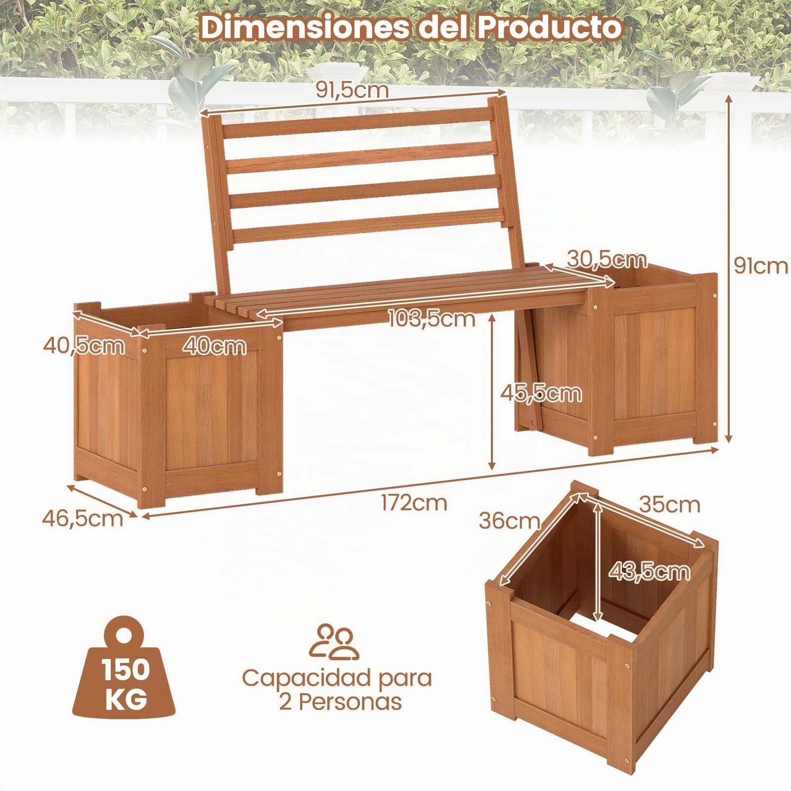COSTWAY Jardinera de Madera con Banco, Banco Jardin Exterior con 2 Maceteros y Respaldo, Cama de Jardín Elevada con Base Abierta y Acabado de Aceite de Teca, Macetero Grande Decorativo, 172x46,5x91 cm