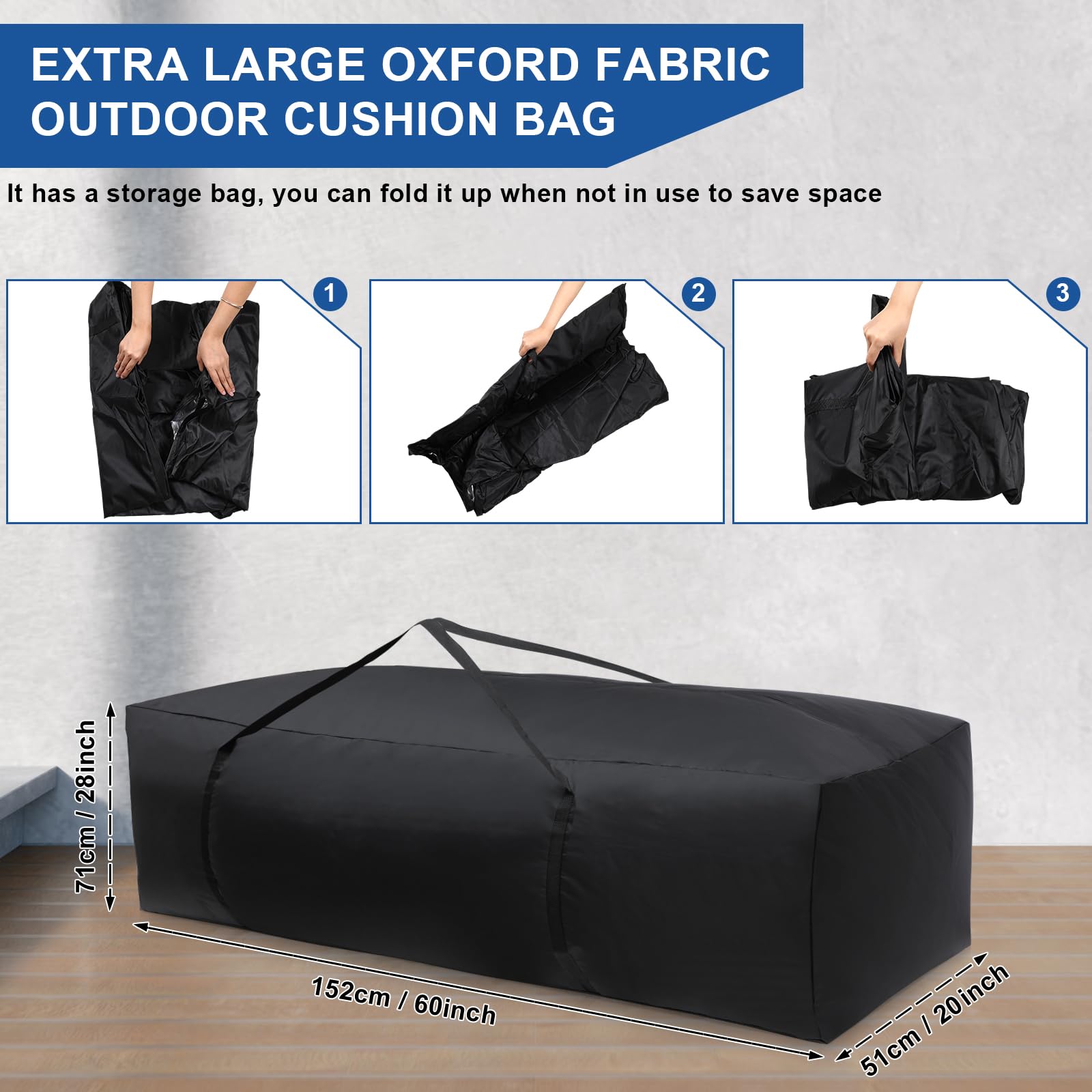 Silkfly Aufbewahrungstaschen für Terrassenkissen, 152,4 cm L x 50,8 cm B x 71,1 cm H, Outdoor-Kissen-Aufbewahrungstasche, extra große Aufbewahrungstasche für Möbelkissen, Schwarz, 420D Oxford-Gewebe,