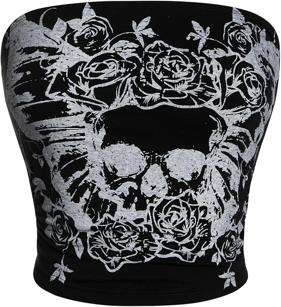 SOLY HUX Women's Y2k Goth Tube Crop Top Skull Print Strapless