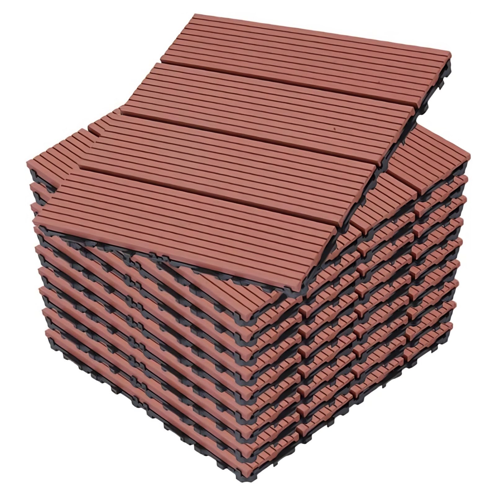 Lot de 11 Dalles Clipsables Exterieur, Caillebotis Imitation Bois Dalle Wpc, Résistant Intempéries, Convient pour Balcon, Patio, Jardin,Terrasse, Vérandas, 30x30 cm(Size:11 pcs,Color:Rouge brique)