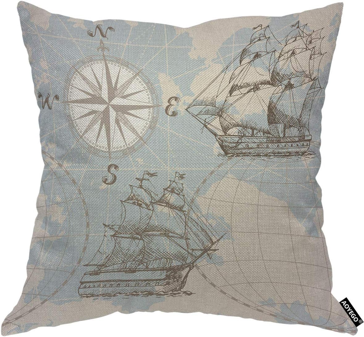 AOYEGO Sea Map Throw Pillow Cover World Compass Sailing Ship Sailboat Travel History Journey Ocean Pillow Case 18x18 Inch Decorative Men Women Room Cushion Cover for Home Couch Bed