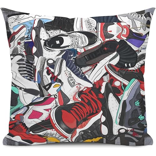Retro Sneaker Pattern Throw Pillowcase with Hidden Zipper Cozy Soft Square Basketball Shoes Throw Pillow Covers for Couch Sofa Bed Living Room Home Decor 18 X 18 in
