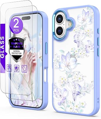 for iPhone 16 Case+Tempered Glass Screen Protector 2 Pack, Military Grade Protective Slim Soft TPU & Hard PC,Girls Women Crystal Clear Flower Pattern Case Cover for iPhone 16-Light Purple
