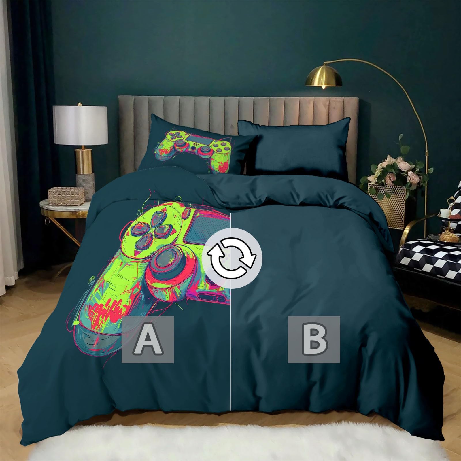 Funda Nórdica Microfibra Cremallera Diseño Suave Juego de Funda Nórdica con Funda de Almohad para Adulto Niños Adolescentes - Cama 135/150-220 x 240 cm Mando de Juego Artístico Azul