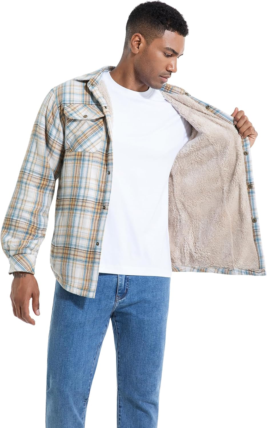 Men's Sherpa Lined Cotton Flannel Shirt Jacket Plaid Button Up Jacket Coat for Men with Pocket - Image 2
