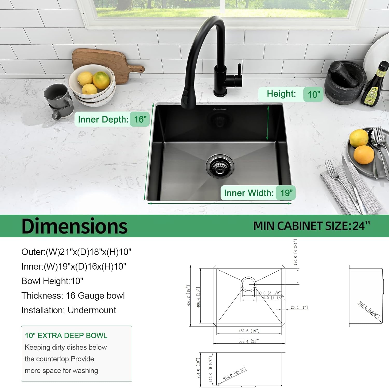 Undermount Kitchen Sink, 21 x 18 x 10 Inch Single Bowl Undermount Sink 16 Gauge T-304 Stainless Steel Gunmetal Black Kitchen Sinks
