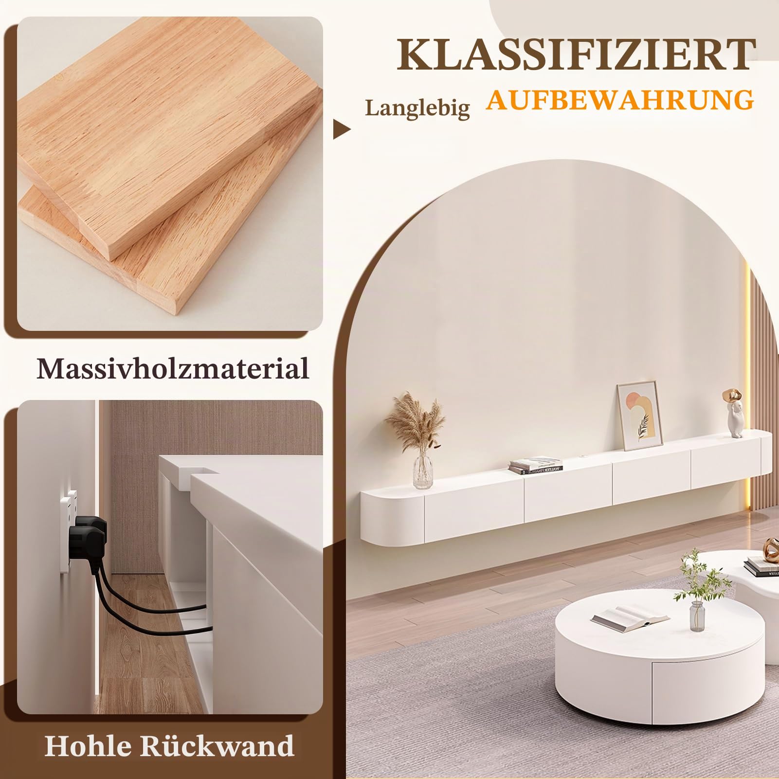 Lar Meuble TV mural flottant avec porte pour salon et bureau 160 cm