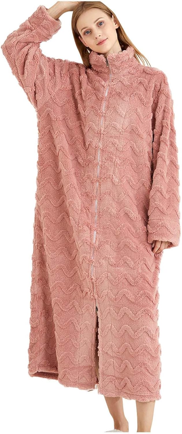Oplxuo Women's Zip Up Robe Fleece Bathrobe Long Sleeve Zipper Lounger Warm Housecoat Full Length Nightgown with Pockets