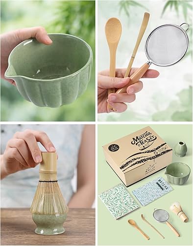 Miniatura 3 de Juego de batidor de matcha, kit de matcha incluye cuenco matcha, batidor de matcha y soporte, cuchara de bambú, cuchara, tamiz y toalla de té, 7