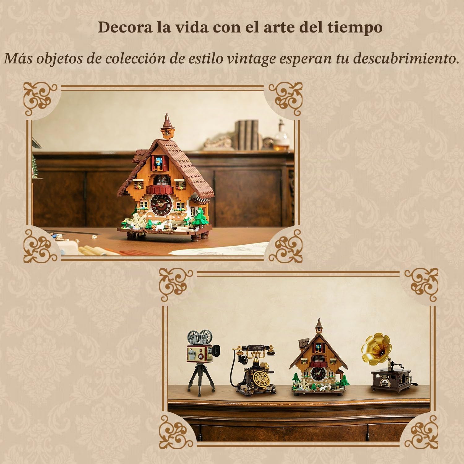 PANTASY Juego de bloques de reloj de cuco, diseño vintage chalet, reloj de pared mecánico con cuco motorizado, escenario giratorio y rueda de agua, perfecto para