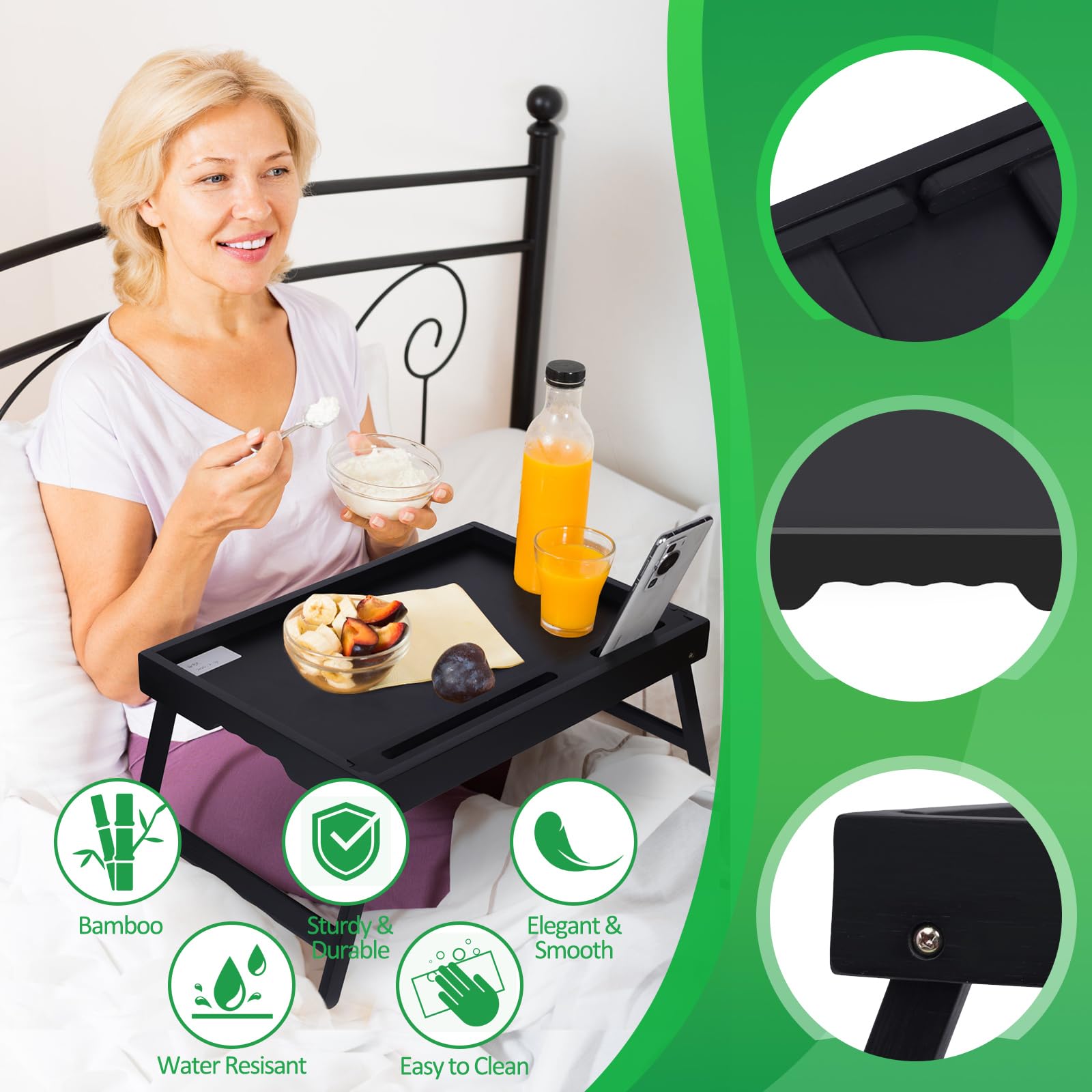 Bandeja para Cama de Desayuno Con Asas y Patas Plegables - Mesa de Bambú Con Ranura para Medios y Ordenador Portátil