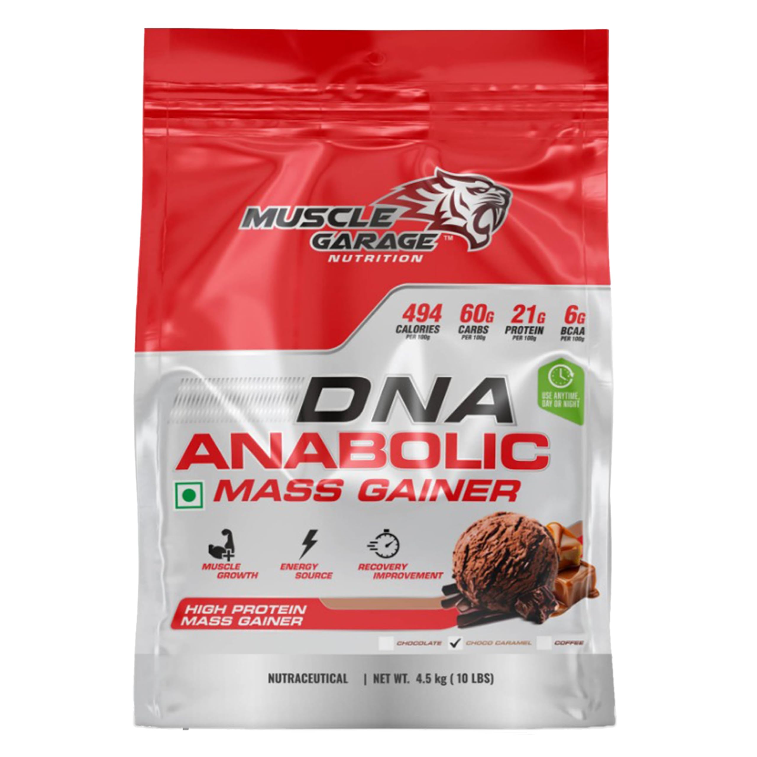 Muscle Garage DNA Anabolic Mass Gainer | High Protein Weight Gainer Powder for Muscle Growth & Recovery| With Creatine, BCAAs & Vitamins | 4.5 Kg (4.5 kg, choco carmel)