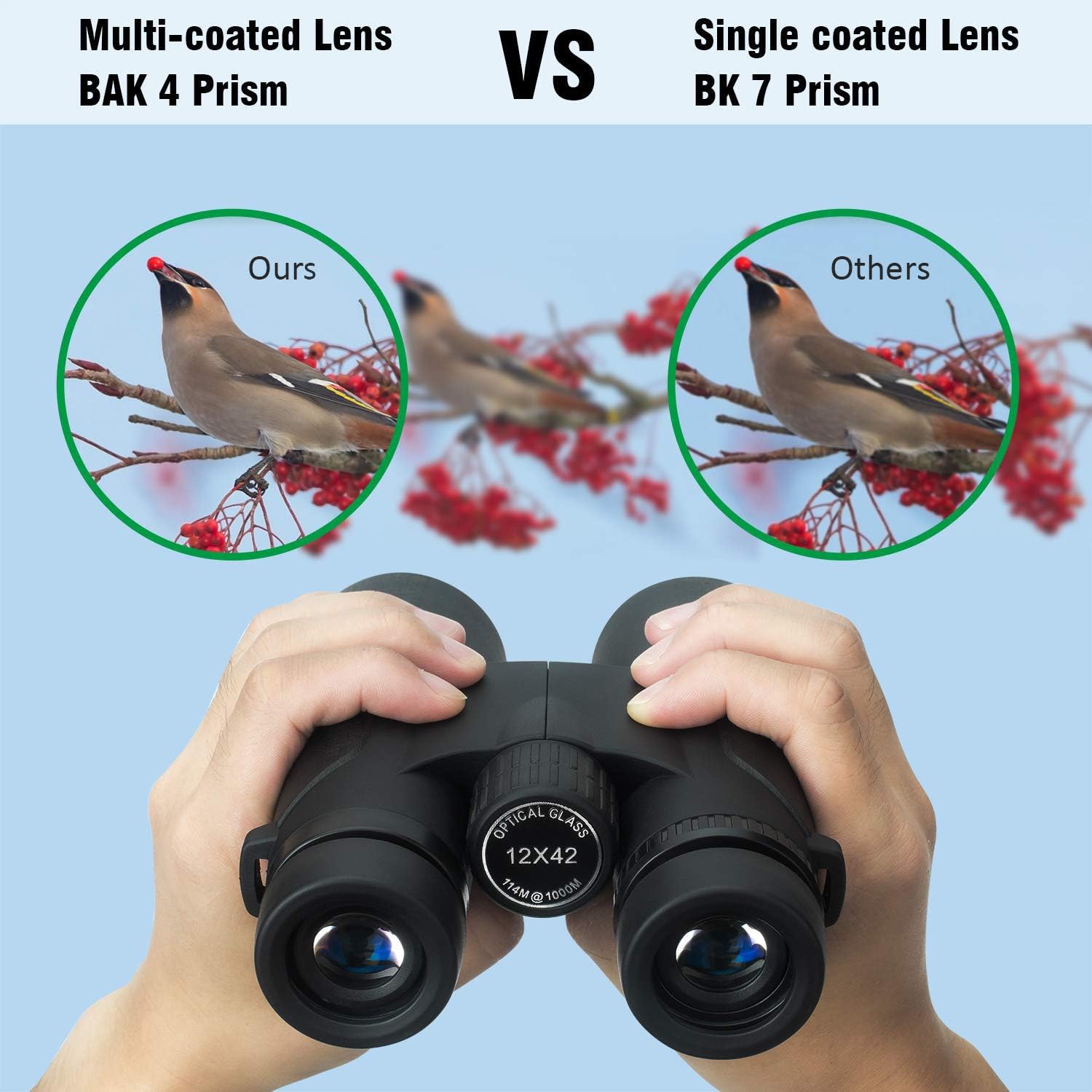 Cayzor 12x42 Binoculars for Adults Compact Clear HD Weak Light Vision Bird Watching - Professional for Travel Stargazing Hunting Concerts Sports - BAK4 Prism FMC Lens Strap Carrying Bag