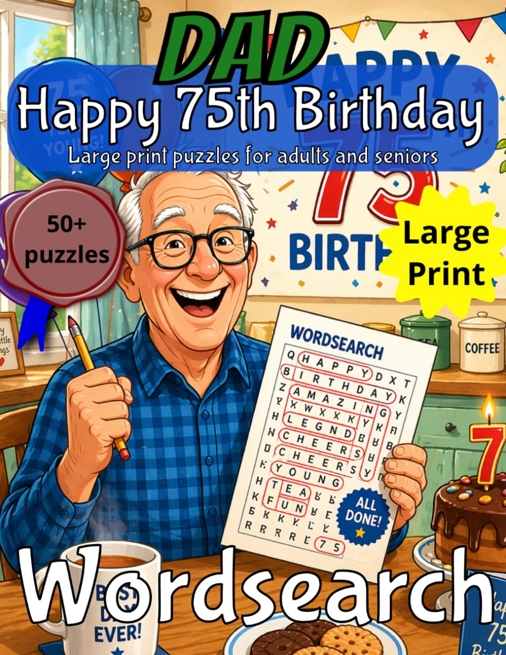 Happy 75th Birthday Dad Word Search: 75th Birthday Gift Dad | Gifts for Men| Present for Senior | 70 Year old Gift | 75th Gift for Men | Nostalgic ... Print | Fun Gift Elderly | Dad 75th Present