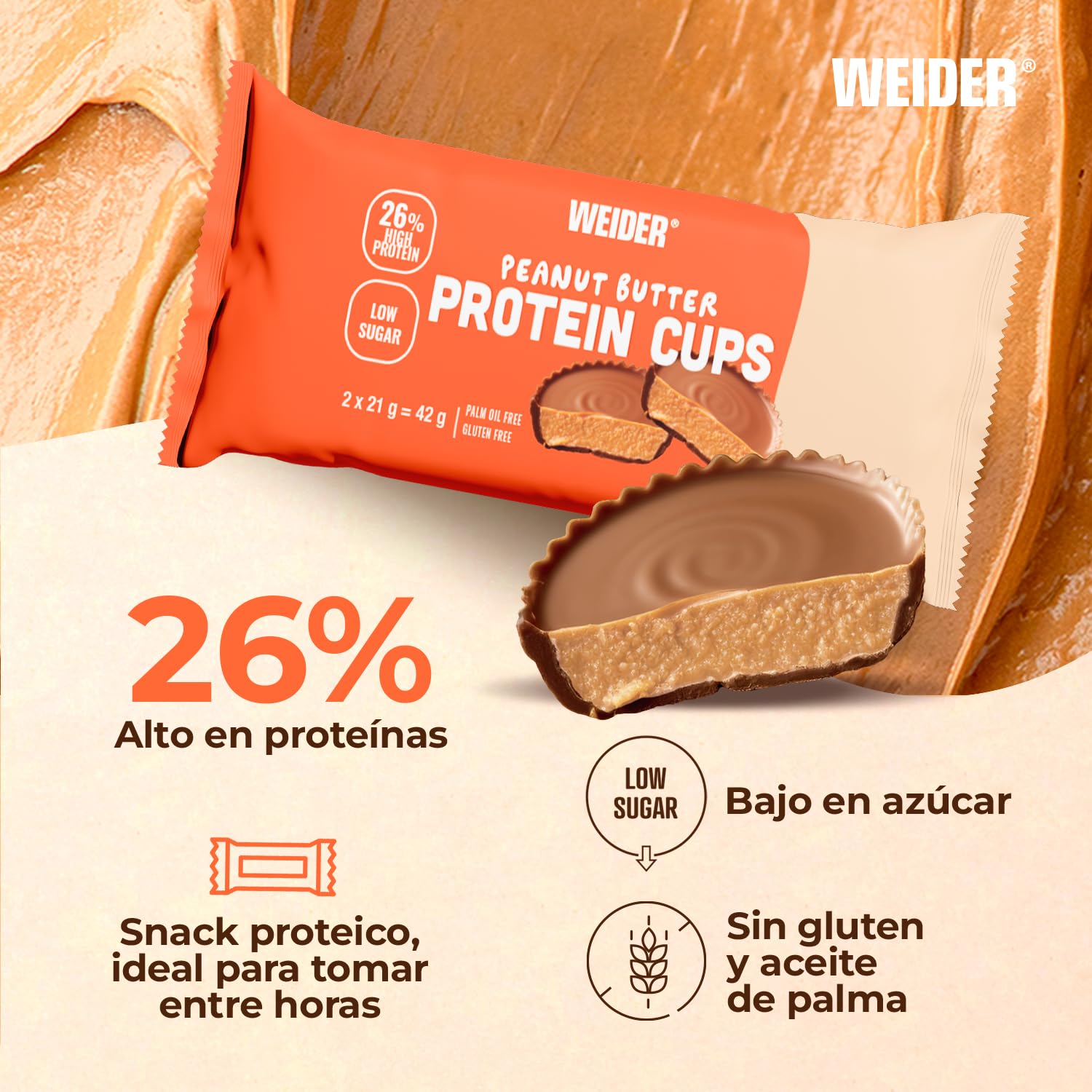 Weider Protein Cups Peanut Butter (20x42g) Tartaletas con alto de contenido de proteínas y Bajo en Azúcar, con cobertura de Chocolate, Sin gluten (20 sobres de 2 tartaletas)