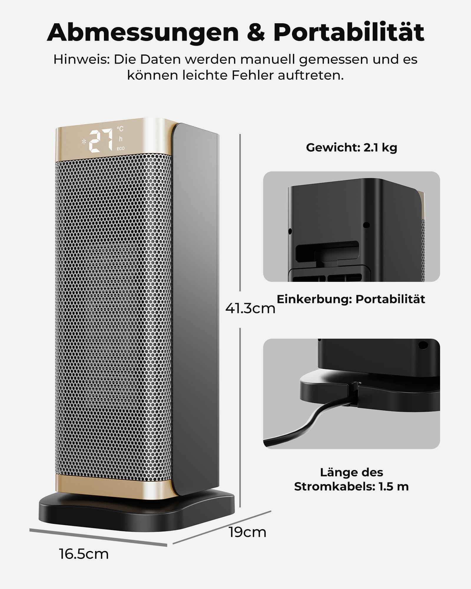 2000W Energiesparend Heizlüfter Leise - 3 Gänge PTC Keramik Schnell Heizung mit ECO Konstante Temperatur, Fernbedienung, 12H Timer, 70°-Schwenkfunktion für Büro, Schlafzimmer, Badezimmer