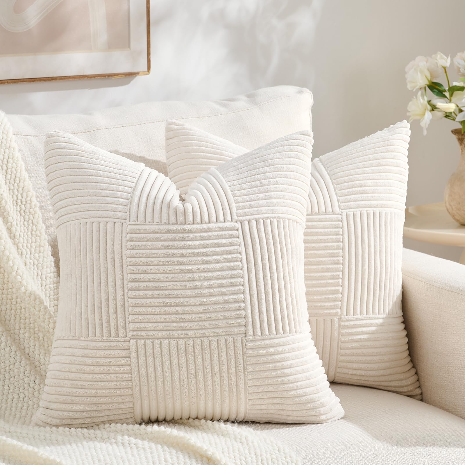 Fancy Homi Set of 2 Cream Boho Decorative Throw Pillow Covers 18x18 Inch for Living Room Bedroom Couch