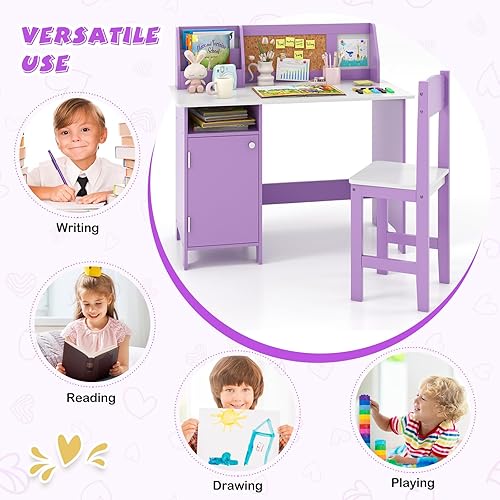 Miniatura 15 de Costzon Juego de escritorio y silla para niños, mesa de estudio de madera para niños con almacenamiento, gabinete, tablero de anuncios de corcho,