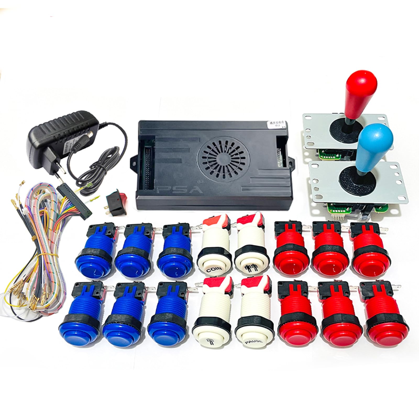 DX 9800 in 1, versione speciale, kit fai da te, fino a 4 giocatori, supporta giochi 3D, joystick, pulsanti, cablaggio, cavo (rosso blu)
