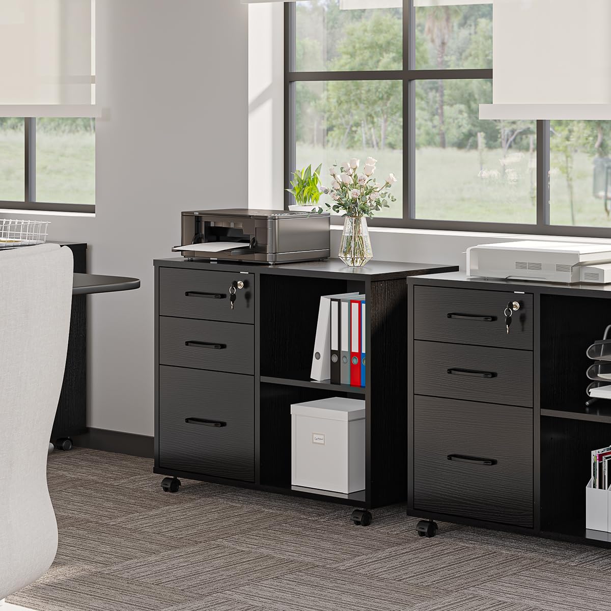 Panana 3 Drawer Office File Cabinets Mobile Lateral Printer Stand with Open Storage Shelf Rolling Filing Cabinet with — view 9