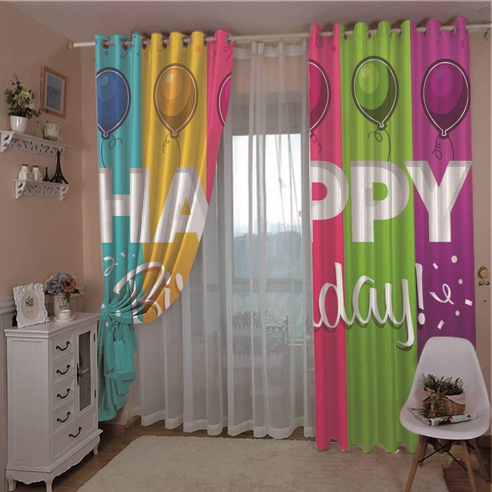 Zasłony zaciemniające do sypialni zestaw 2 szt. balony Happy Birthday, nieprzezroczyste zasłony zaciemniające długie oczka 214 x 138 cm