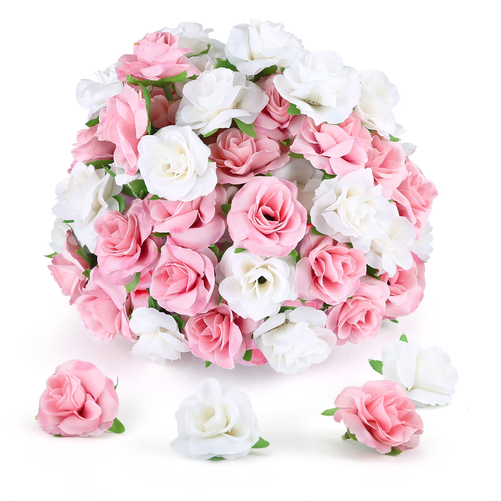 Yinsun 50pcs Mini Rose Artificial Flower Heads, 1.6” Real Looking Silk Rose for Valentine Day DIY Wedding Bouquets Bridal Shower Baby Shower Party Decoration (White and Pink)