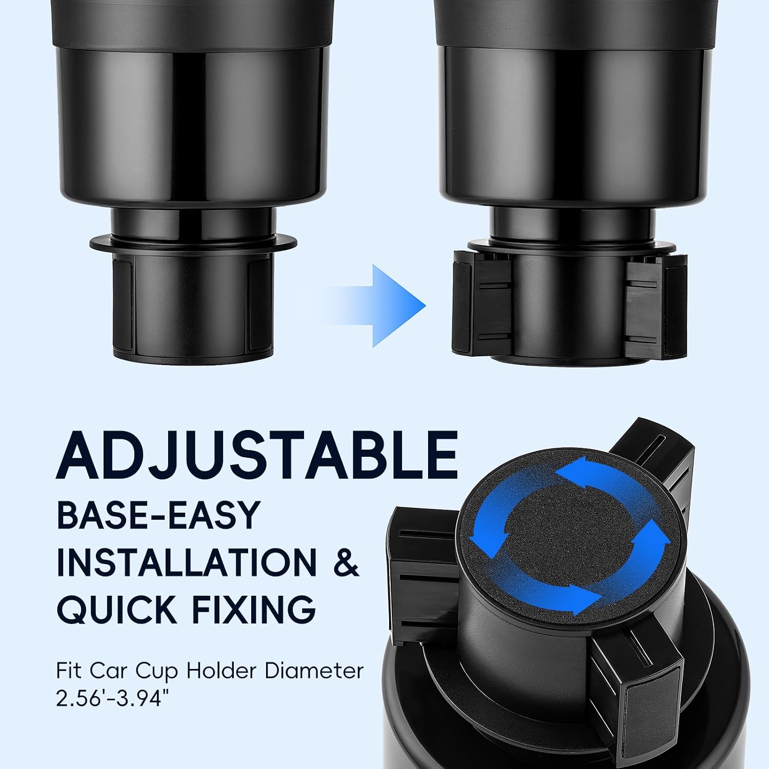 RAYMYLO Car Cup Holder Expander with Adjustable Base, Cup Holder Insert for Car Compatible with Most 32/40 Oz Water Bottles 12 oz/24 oz Coffee Mugs Tumblers 3.4 to 3.78 in Diameter, 1 Pack Black