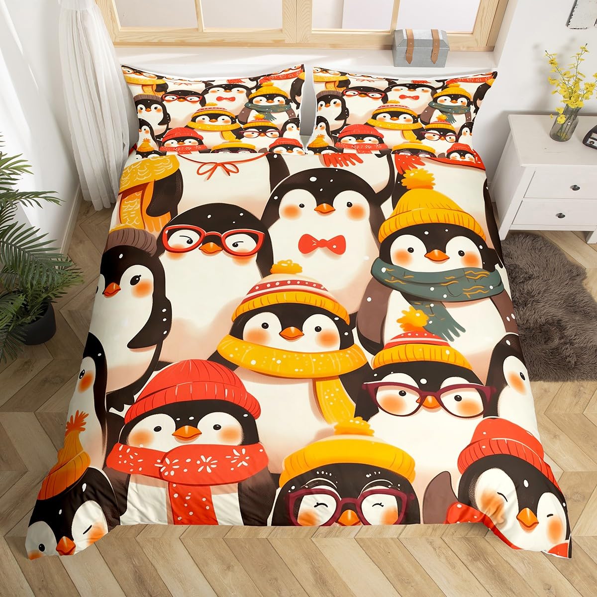 Homewish Śmieszne zestawy pościeli z pingwinem król uroczy kawaii pingwin poszewka na kołdrę zima zwierzę poszewka na kołdrę kreskówka antarktyka Boże Narodzenie zestaw łóżek