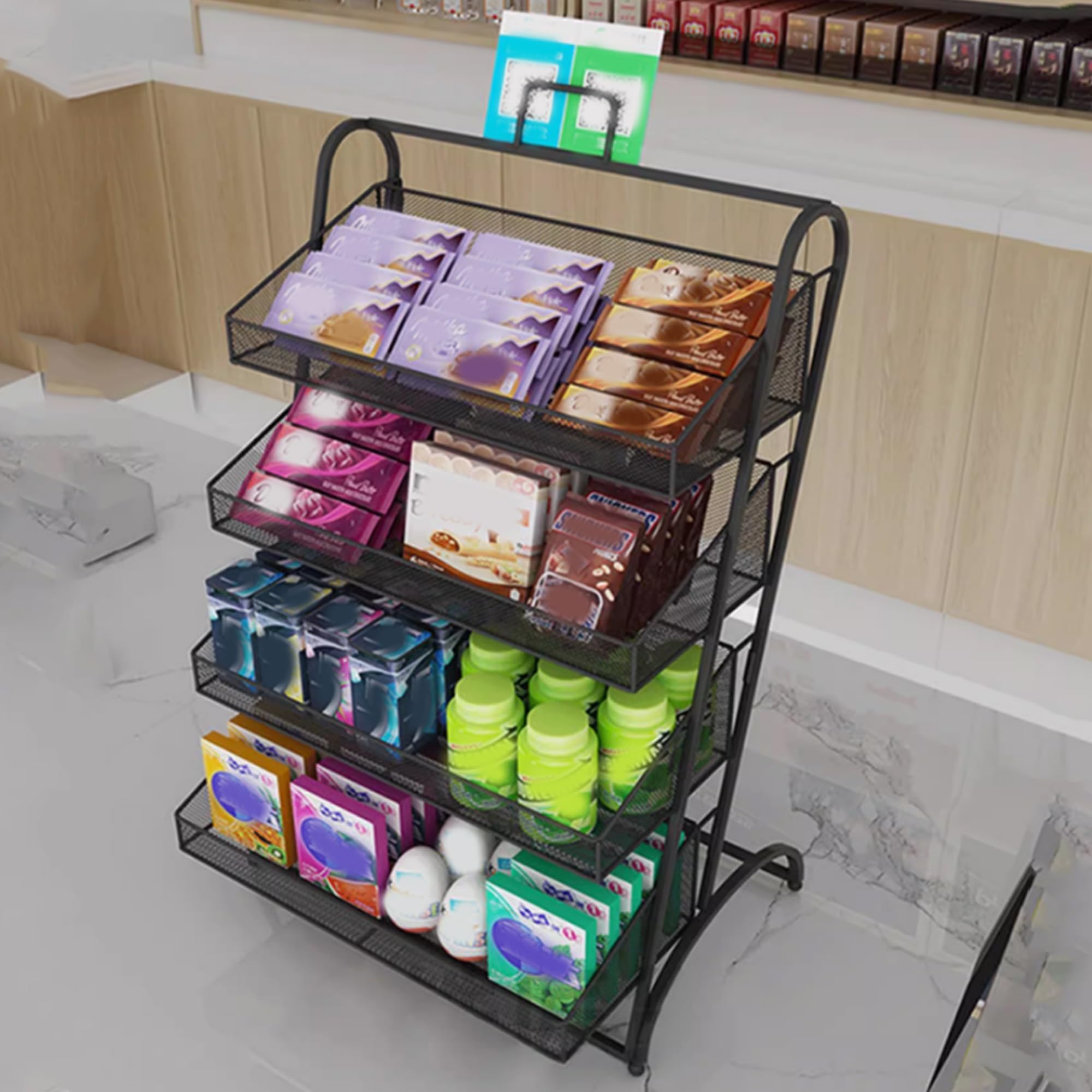 Genérico Expositor de sobremesa de 4 Niveles para Tiendas minoristas - Estante Negro para Aperitivos y Frutas, Organizador de mercancía de mostrador para Tiendas, mercados, hogar, Oficina y Cine (28