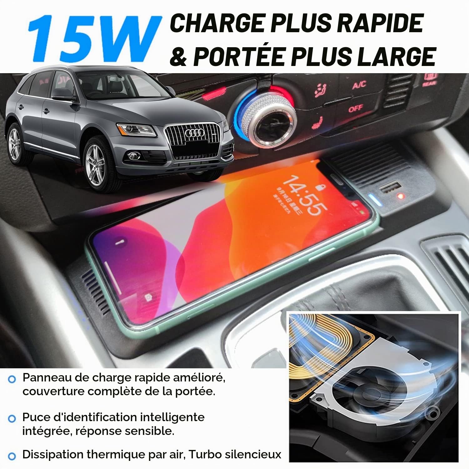 Chargeur sans Fil Voiture pour Audi Q5 SQ5 A5 S5 RS5 A4 Allroad, 15W Chargeur de Téléphone à Charge Rapide pour Audi A4 2008-2016 A5/S5 2008-2016 RS5 2012-2014 Q5/SQ5 2010-2018 Accessoire