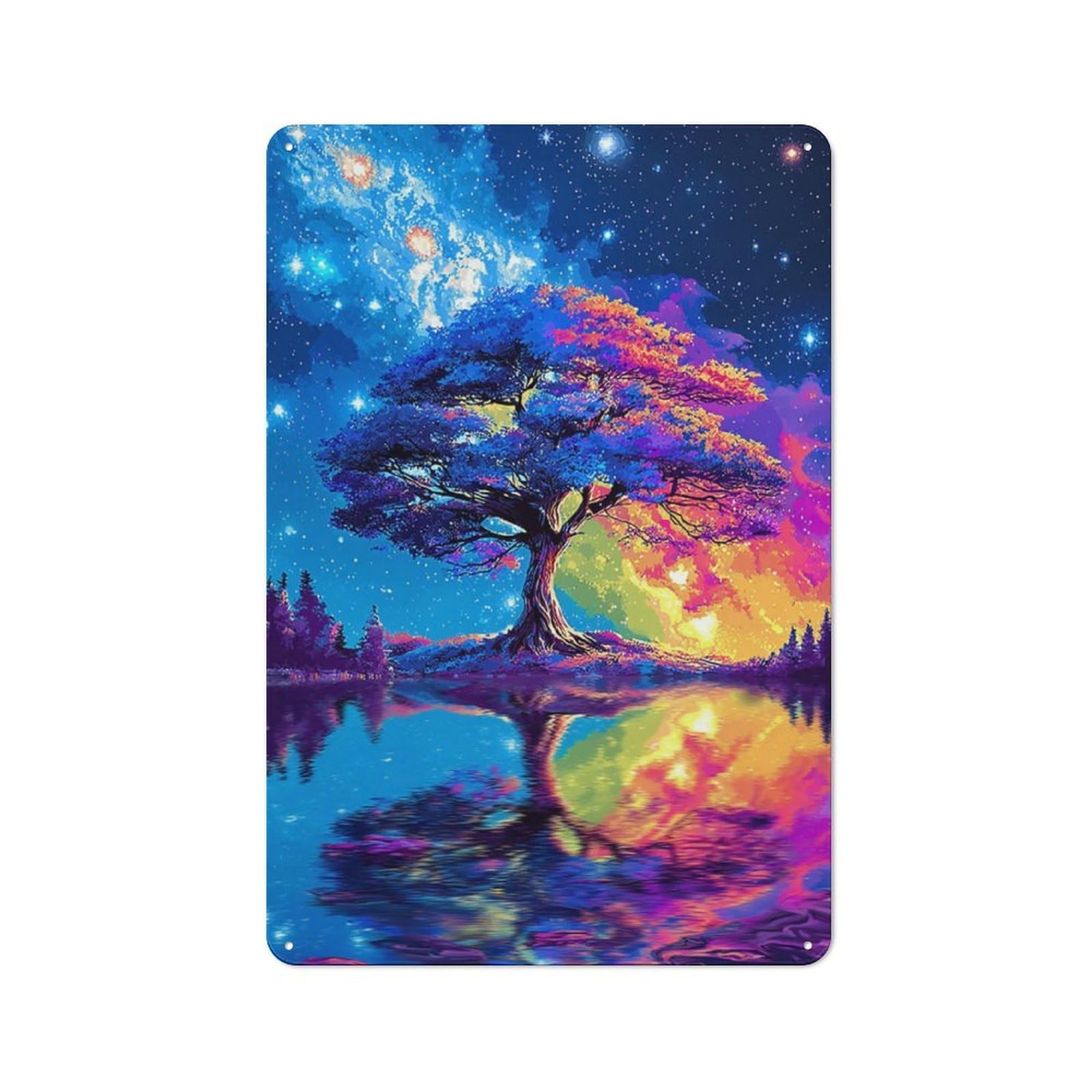 Junmoney Colorful Cosmic Tree Reflection Retro Metal Wall Sign 30X20cm For Man Cave Or Games Room, A Housewarming Gift For Games Room Collectors