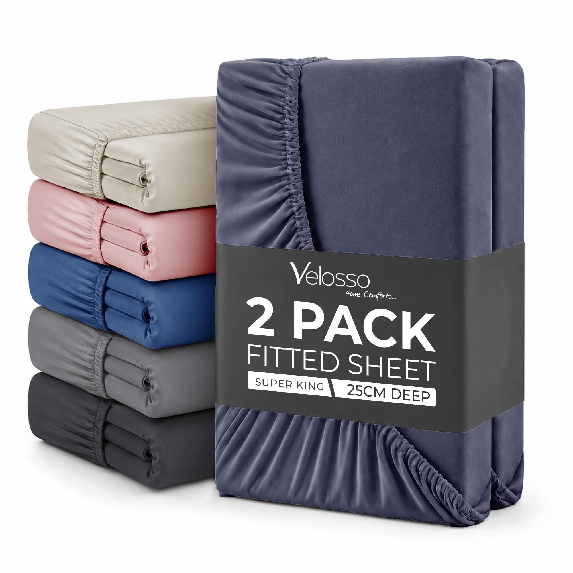 Plain Dye Fitted Sheet 25cms Pocket Soft Brushed Microfibre Fabric Mattress Bottom Bed Sheets (Navy, Super King 2 Pack)