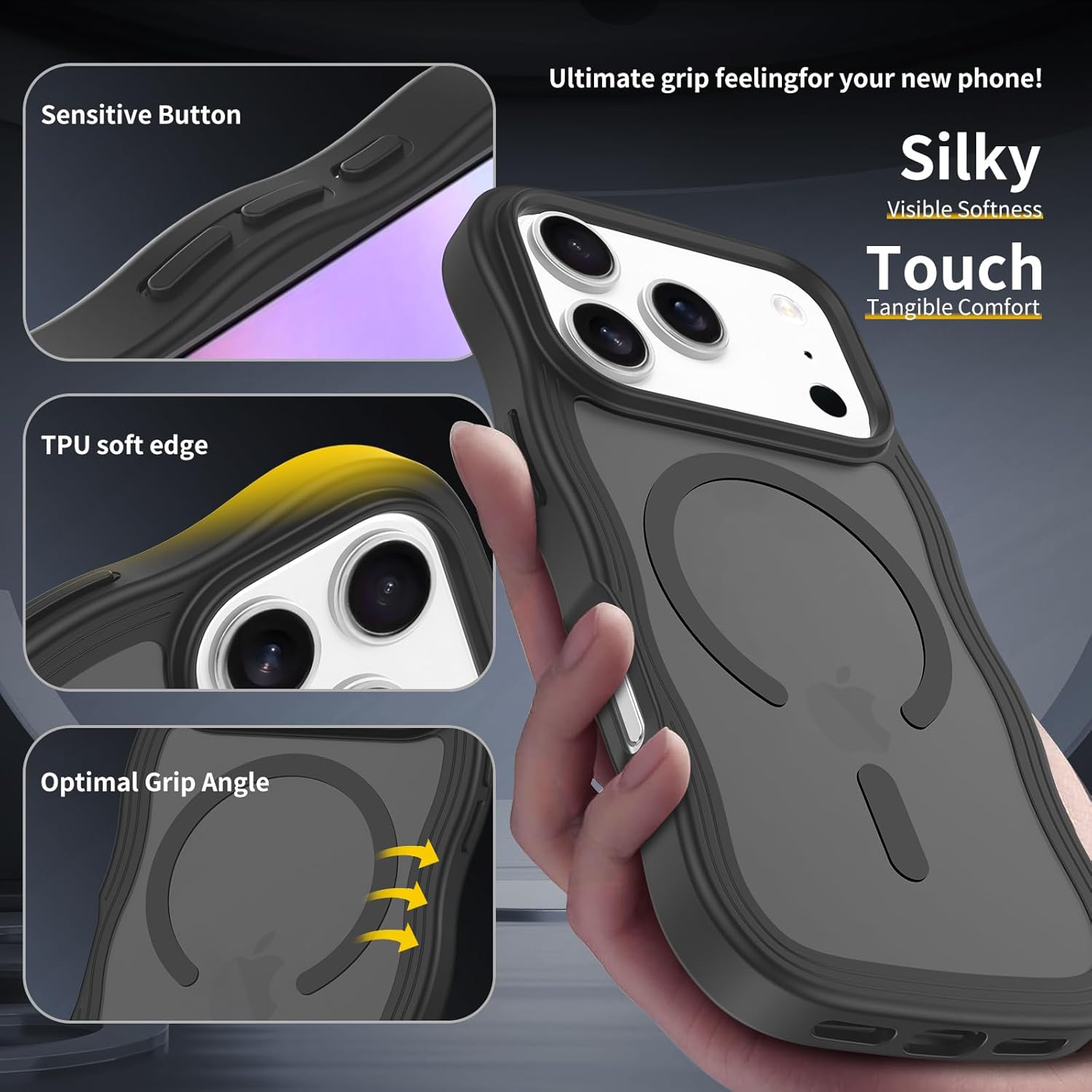 magnetic for iphone 17 pro case, (compatible with magsafe) curly wavy frame hard translucent matte clear back cover for women men tpu bumper shockproof phone case (black) matte black for iphone 17 pro