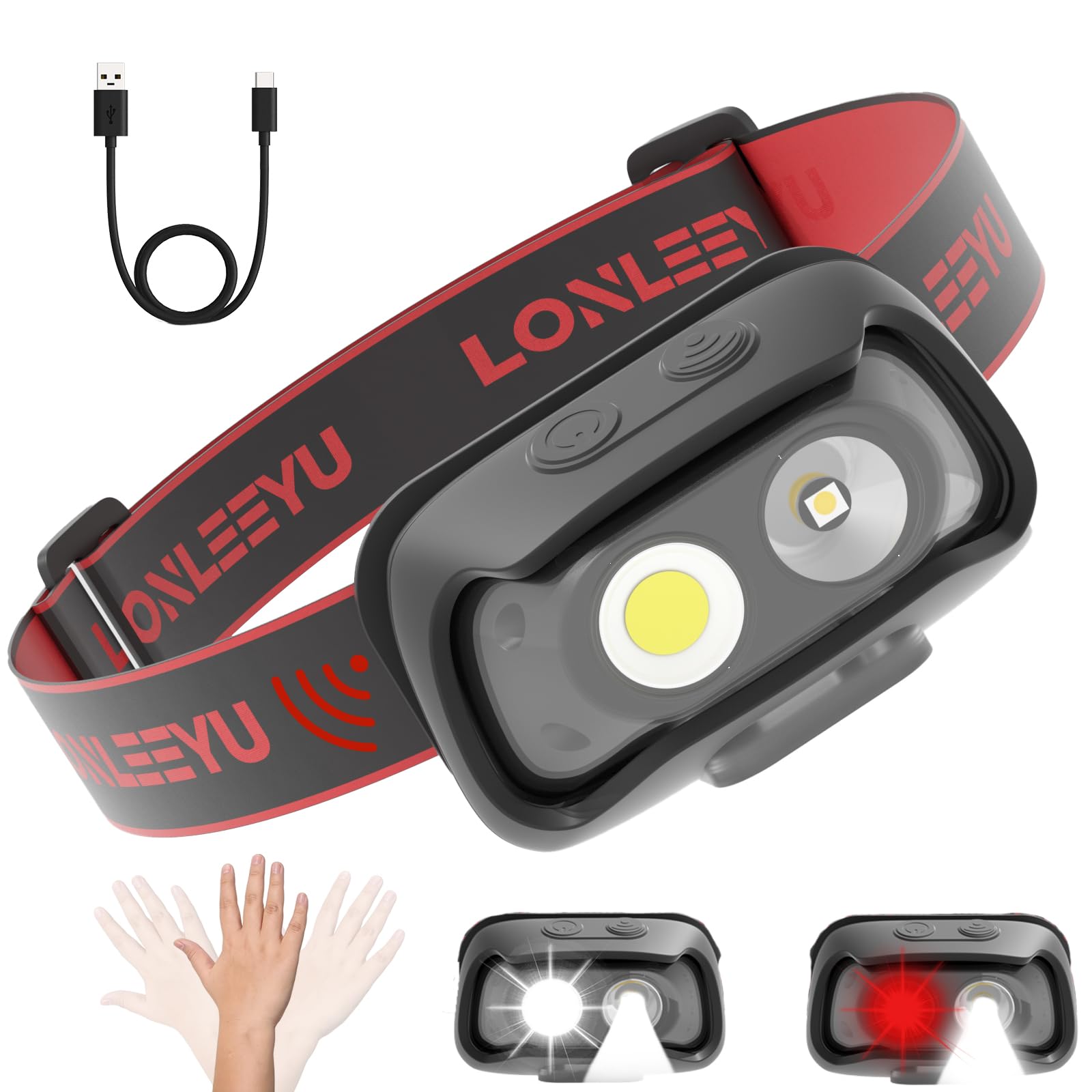 Wiederaufladbare Scheinwerfer, LED-Scheinwerfer-Taschenlampe mit Bewegungsmelder, verstellbares Kopfband, IPX4 wasserdicht, 6 Beleuchtungsmodi, geeignet für Outdoor, Laufen, Camping und