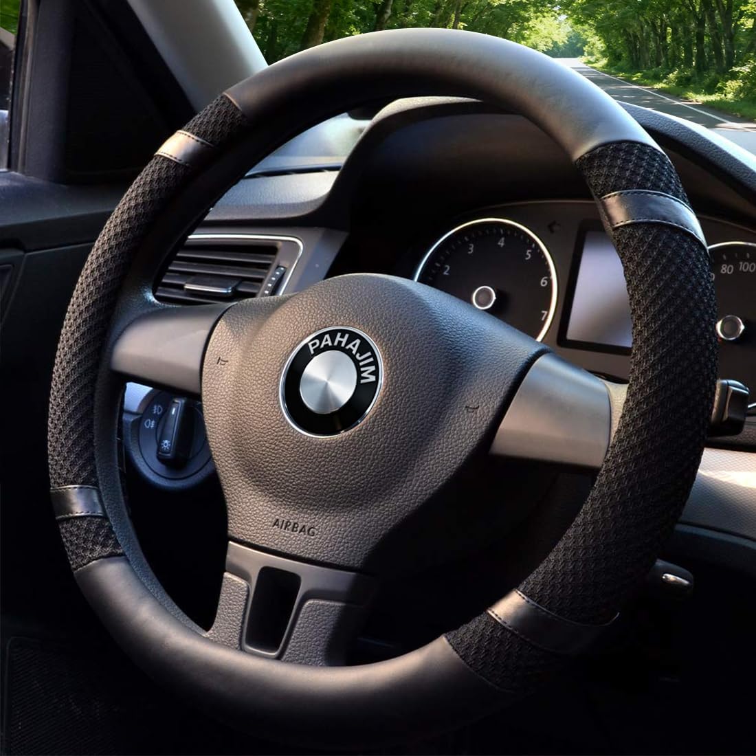 Housse De Volant Tissu Africain Noir Et Beige - Néoprène - Universelle 38 Cm - Antidérapante, Lavable - Pour Voiture, SUV