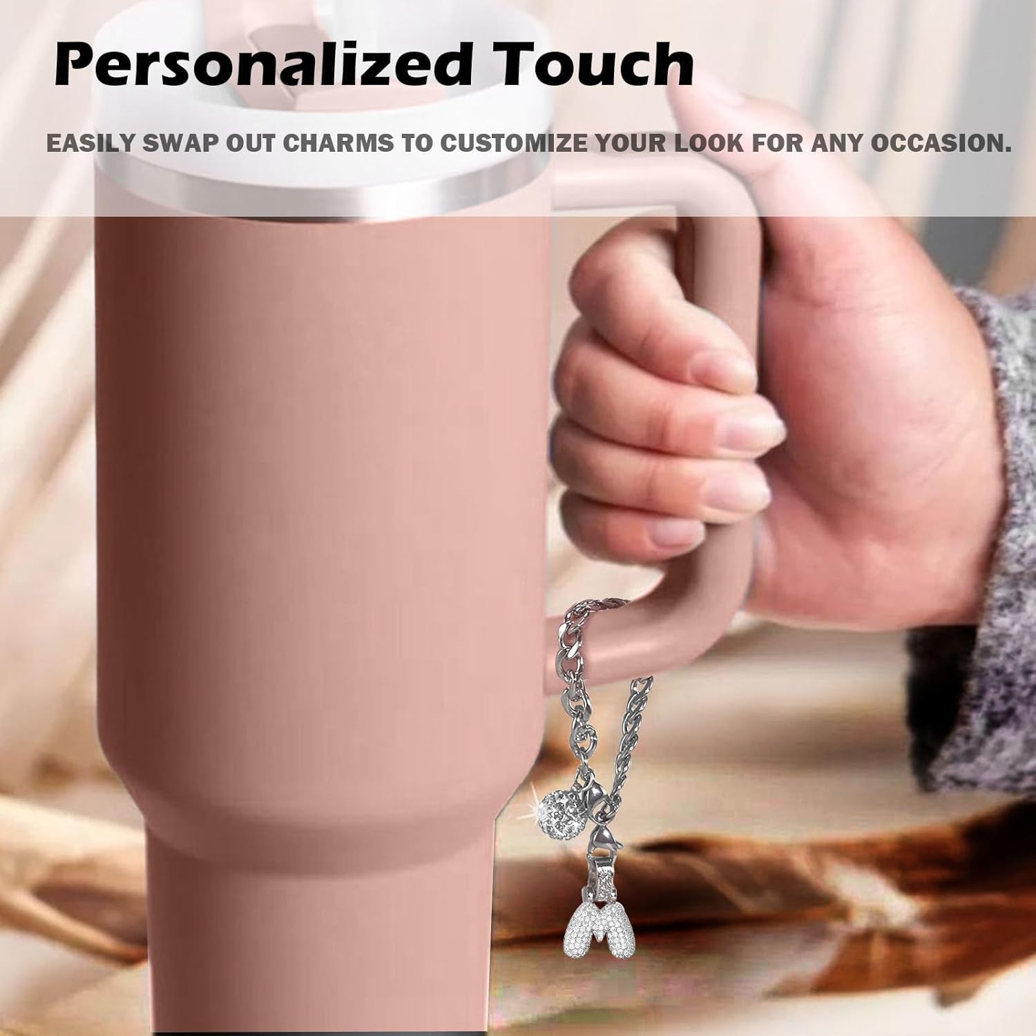 Silver Initial Charm for Stanley Cup- Bubble Letter Charms Accessories for Stanley handle 40 Oz Tumblers Cute Keychain with Diamond Glitter Jewelry Personalized Water Bottle Decorations M - Image 5