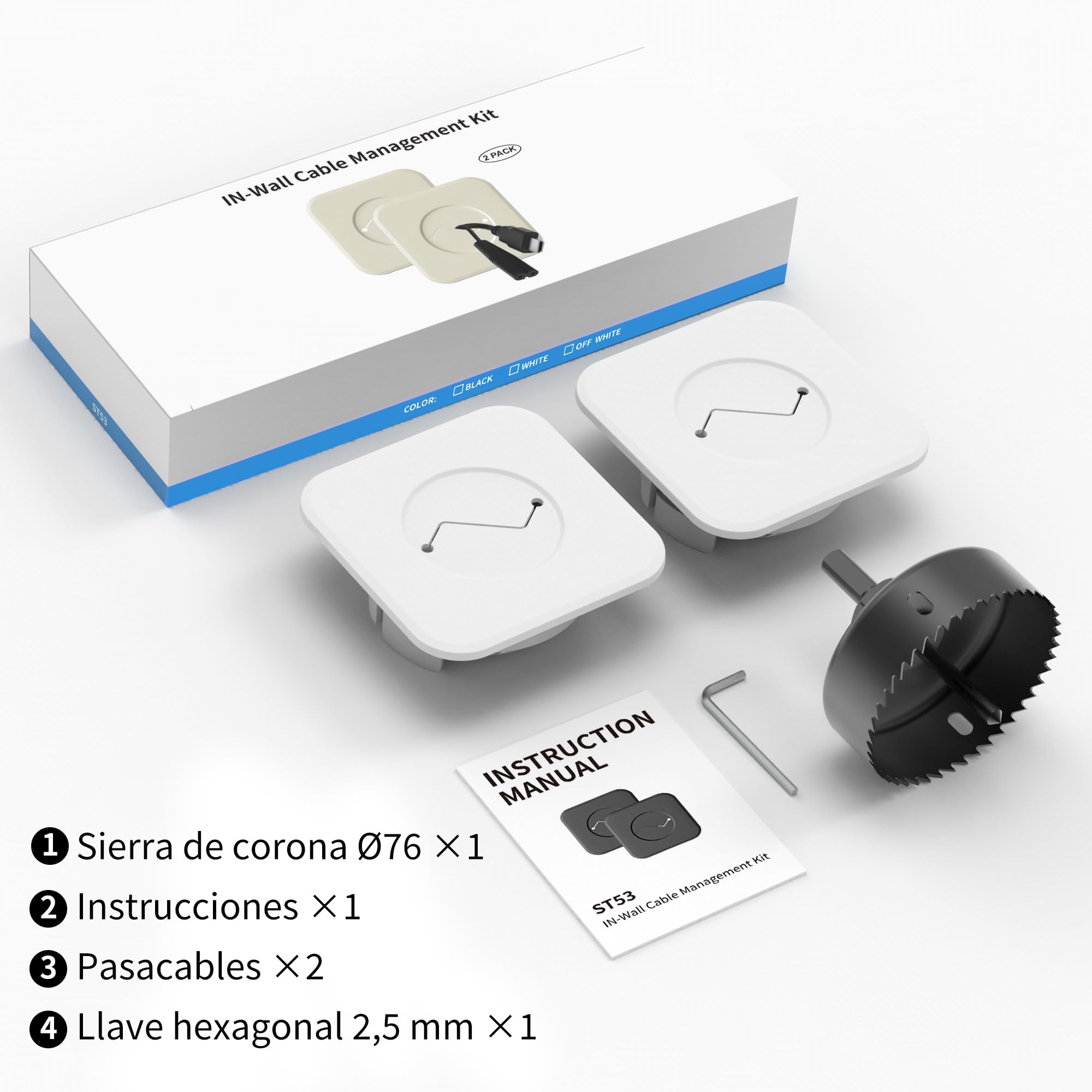 HomeMount Pasacables TV Pared Empotrado Ø76 mm con Sierra de Corona, Juego de 2 Ocultacables TV para HDMI y Alimentación, Ocultar Cables TV y Lograr Pared Limpia y Ordenada (Blanco)
