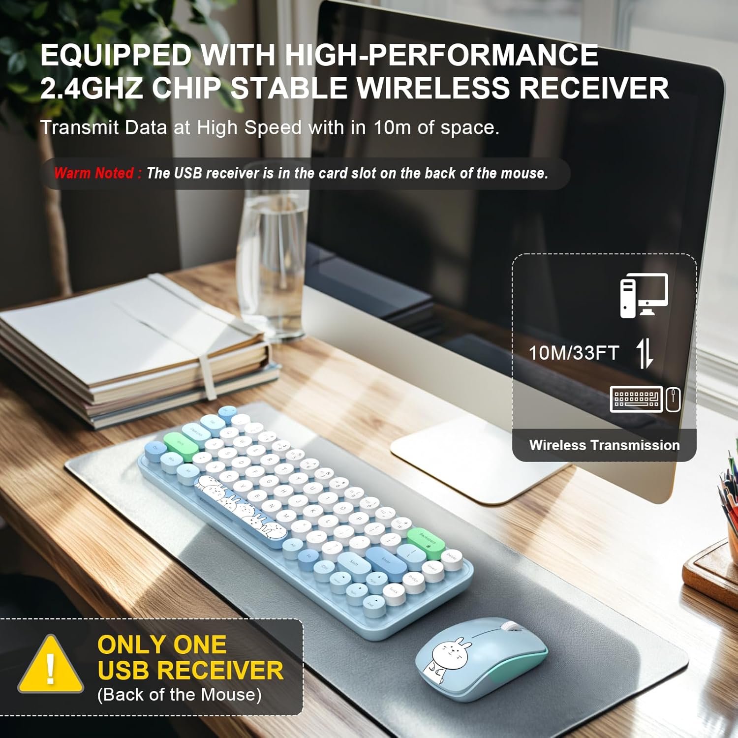FOPETT Wireless Keyboard and Mouse Cute Mouse and Keyboard 2.4G Wireless Keyboards with Colorful 68 Keys Typewriter Retro Round Keycap for PC, Laptop,Tablet,Computer Windows - Blue Colorful