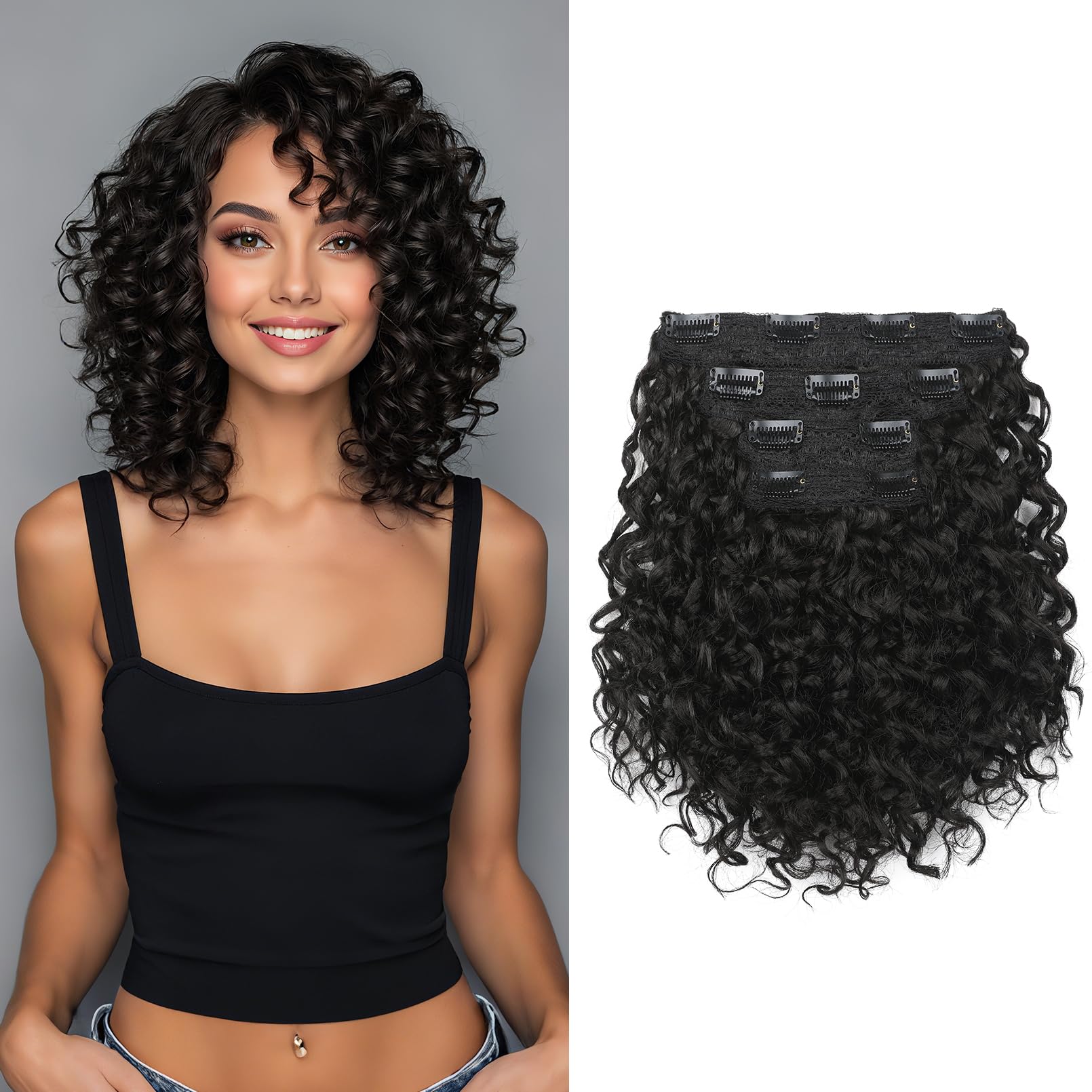 Photo 1 of FLUFYMOOZ 4PC Clip in Hair Extensions, 10 Inch 100? Pure Protein Silk Short Hairpiece Deep Curly Wavy Hair Extensions Clip in Natural Soft Hairpiece for Women-Black Brown