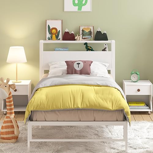 Miniatura 3 de Weehom Marco de cama individual para niños, cama de tamaño individual con 2 niveles de estantes de madera, cabecero, no necesita somier, fácil