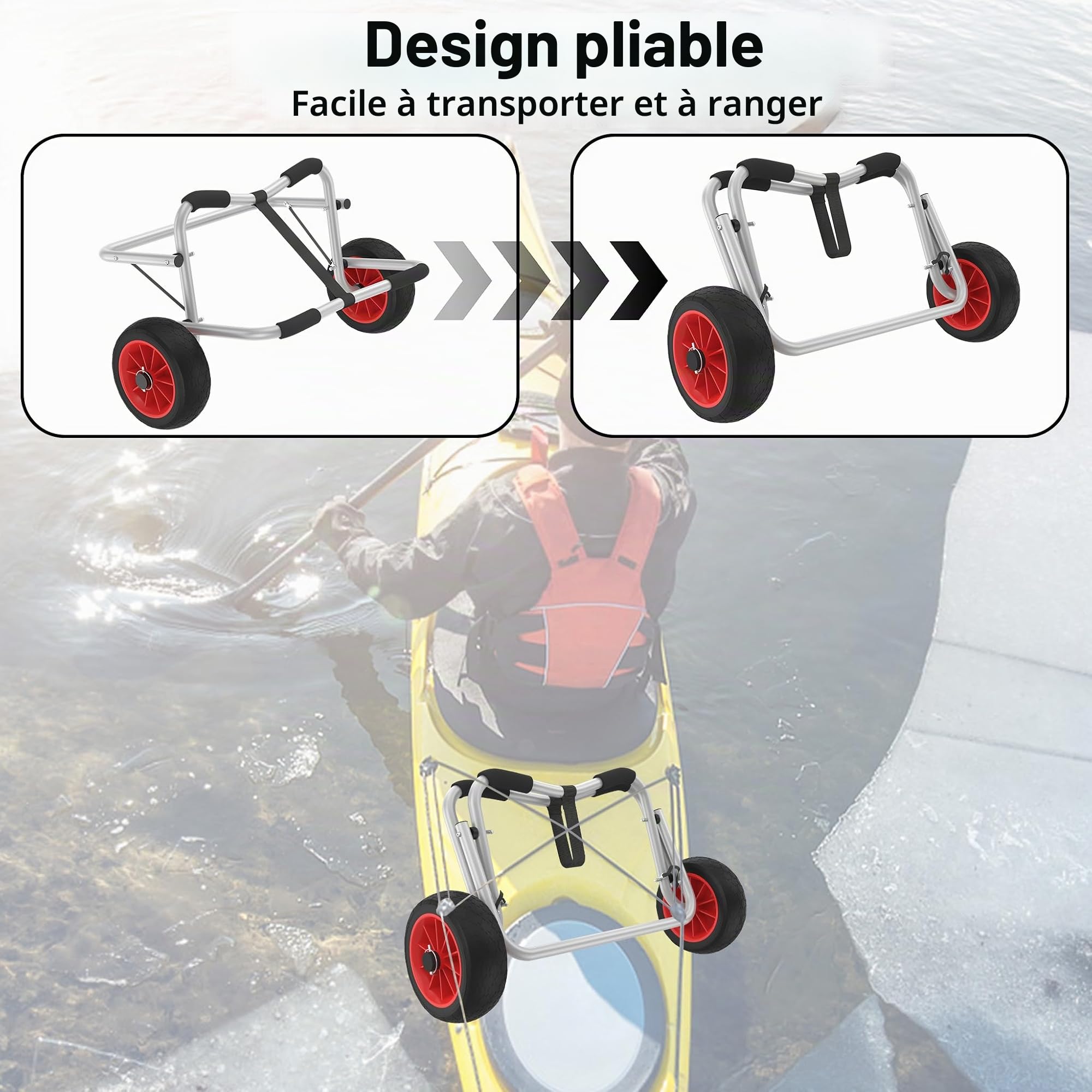 UISEBRT Chariot de transport pliable en aluminium avec sangles de 3 m pour canoë, kayak, bateau pneumatique, capacité de charge jusqu'à 100 kg