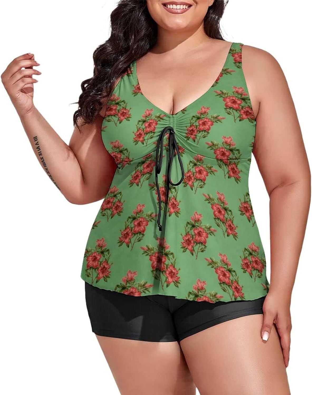Womens Plus Size Tankini Swimsuits with Top/Boyshorts Red Floral Flowers Seamless Pattern Two Piece Bathing Suits Spring Summer Flower Swimwear Tummy Control