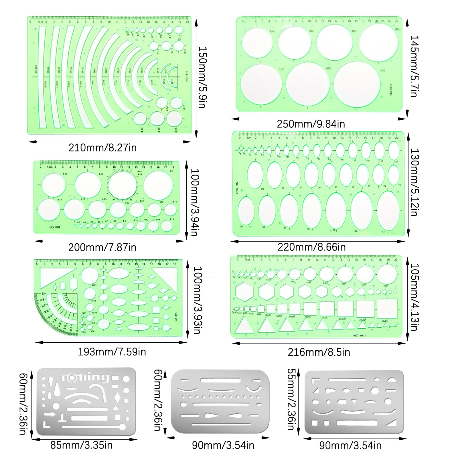 9 Piezas Plantillas Reglas Geometricas Escudo de Borrado de Acero Inoxidable plantillas de Dibujo Geométrico Verde Plantillas de Medición de Plástico Plantilla Circulares para Escuela Oficina