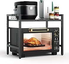 Rollwish Expandable Microwave Shelf, Oven Toaster Rack Kitchen Countertop Organizer, Adjustable Microwave Stand with 3 Hooks, 2Tire, (Size 13~23 "x12.5 x17), 60Lbs Capacity