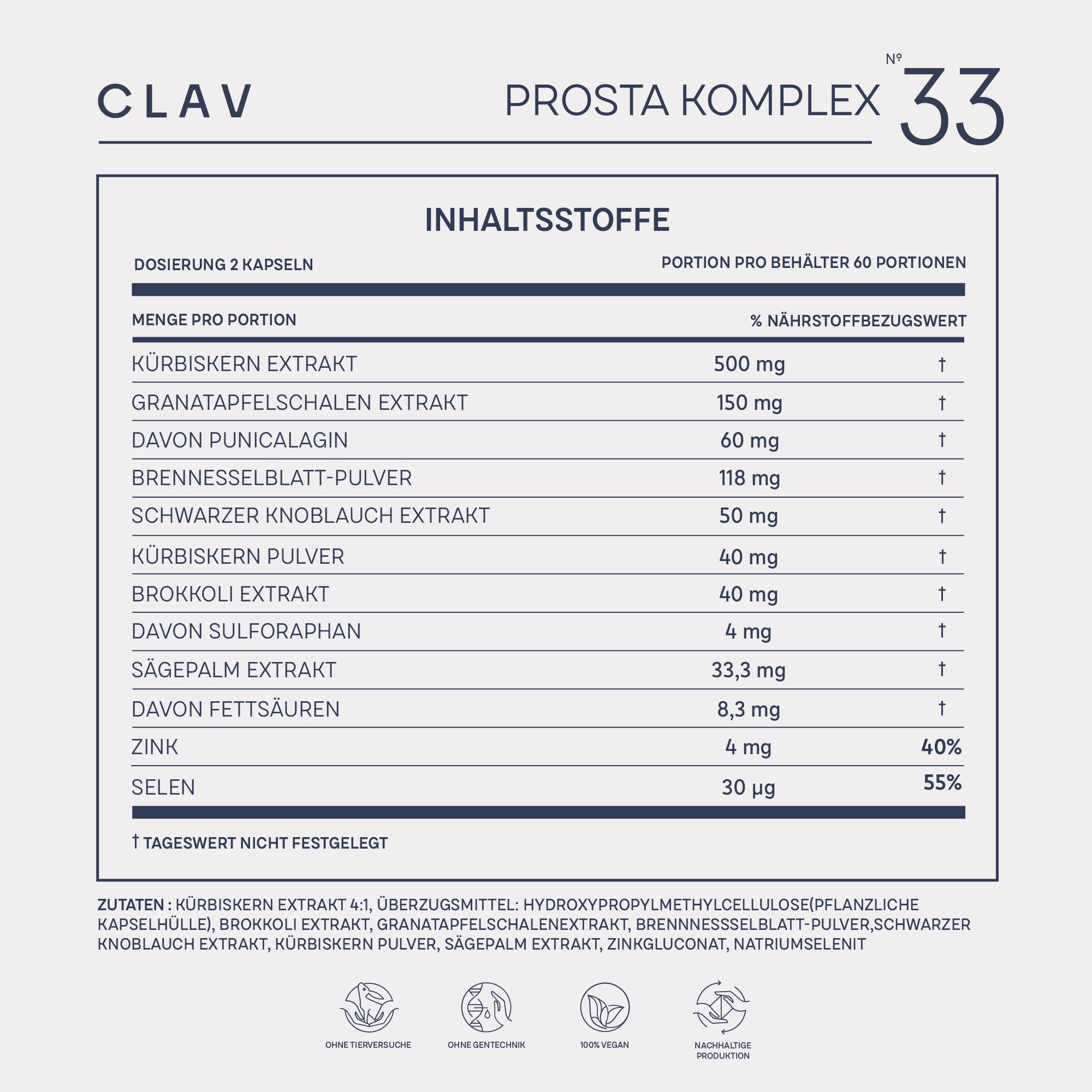 CLAV® N°33 Prosta Komplex – 120 Kapseln – Prostata Kapseln mit Saw Palmetto Sägepalmenextrakt – schwarzer Knoblauch, Kürbiskern & Brokkoli Extrakt – für Männer