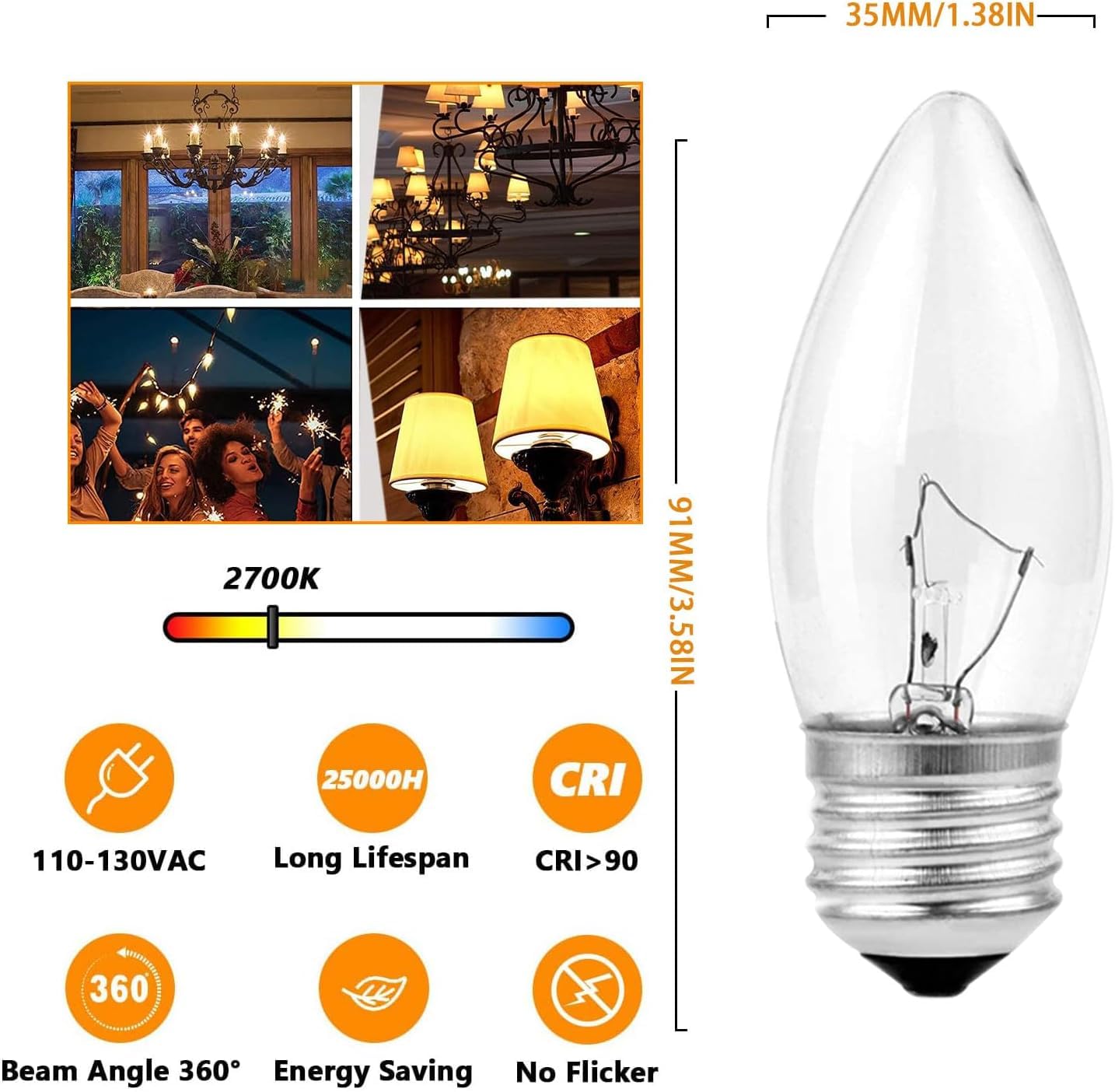 60W Incandescent Torpedo Tip Chandelier - 60W Equivalent Medium E26 Candelabra, TipIncandescent Clear Dimmable Light Bulbs and Medium E26 Base,Transparent Candle Light Bulbs for Chandeliers (6)