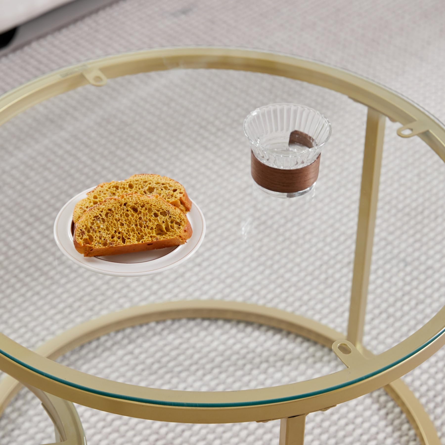 GrandCA HOME Set di 2 tavolini impilabili, tavolini rotondi, in vetro temperato, gambe in metallo dorato, adatto per soggiorno, sala da pranzo, caffè (diametro 60 x 45 cm, diametro 40 x 35 cm)